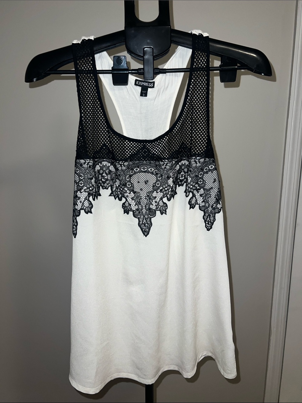 Express White Tank with Black Mesh and Lace Yoke
